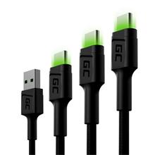 Green Cell Set 3x Cable GC Ray USB-C Cable 30cm, 120cm, 200cm with green LED backlight, fast charging UC, QC 3.0