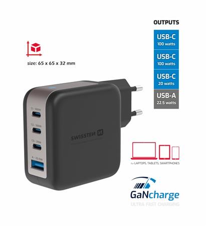 SWISSTEN SÍŤOVÝ ADAPTÉR GaN 3x USB-C 100W PD + 1x